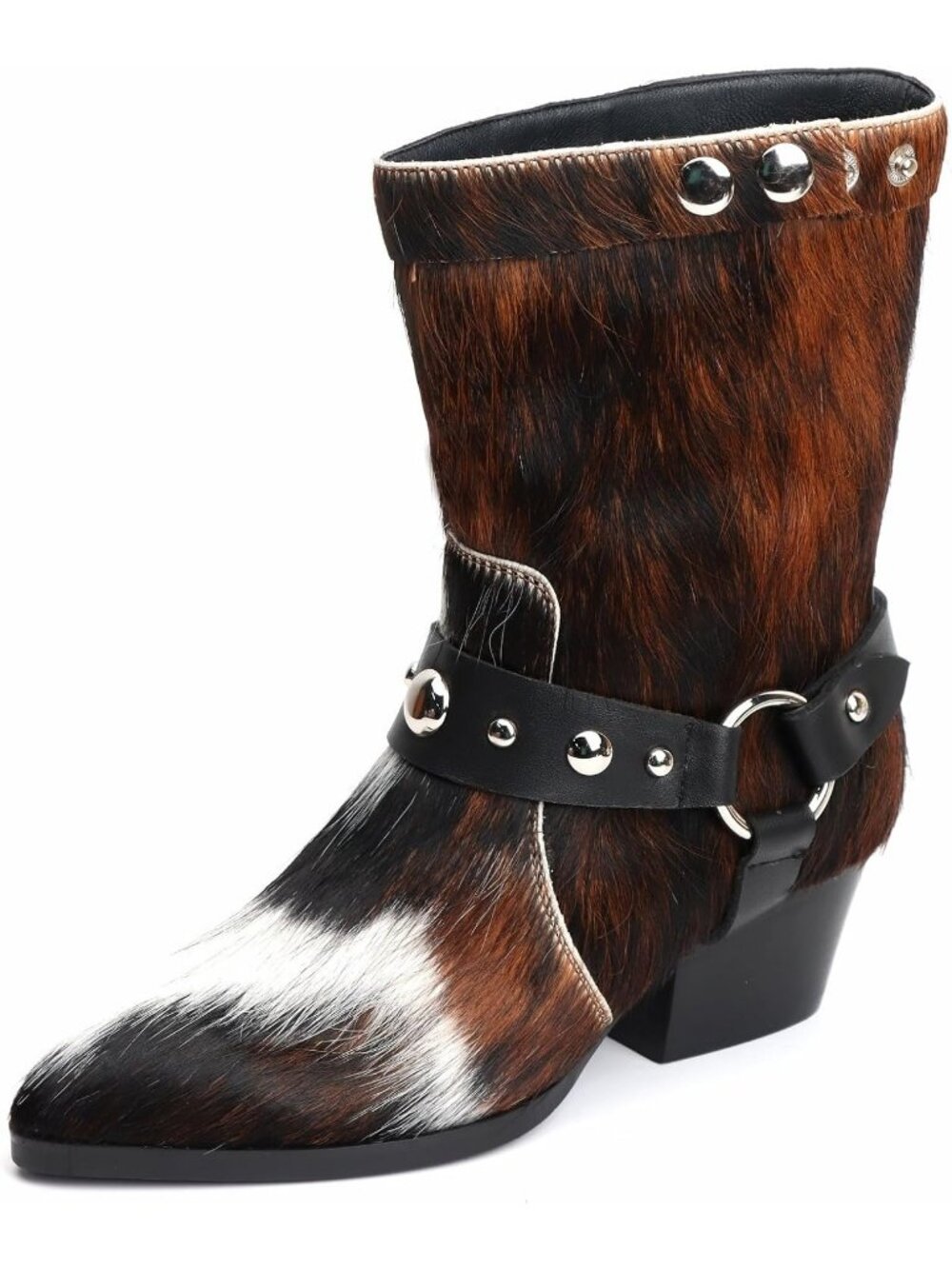 Women's Brown Genuine Mid Calf Hair Block Heel Cowboy Boot with Harness Strap